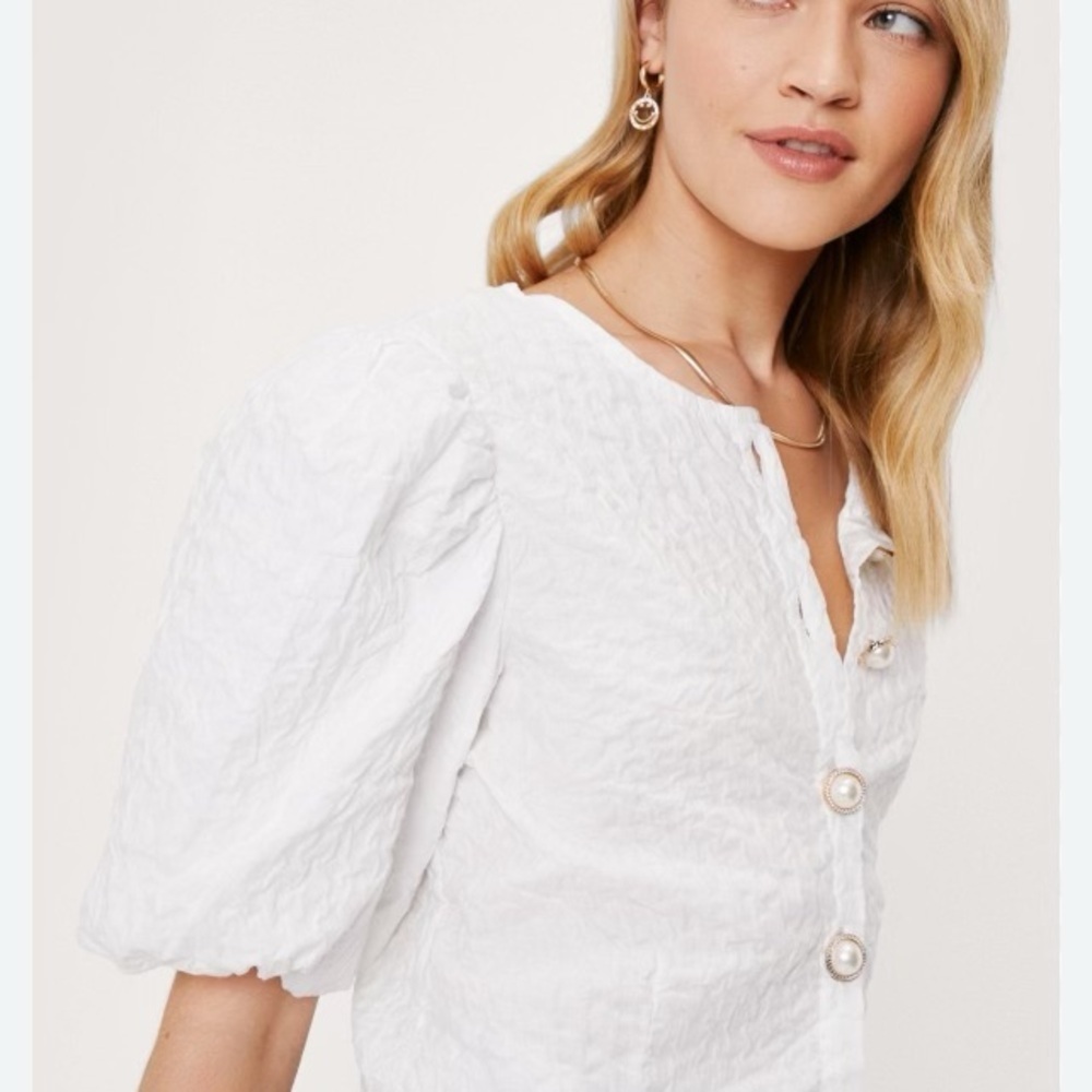 Nasty Gal Puff Sleeve Pearl Button Blouse White - Picture 2 of 7